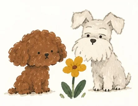 トイプードルとシュナウザーと花のイラスト